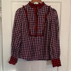 Boden Size 6 Plaid Ruffle Blouse - Pink via and Red and Navy Flannel